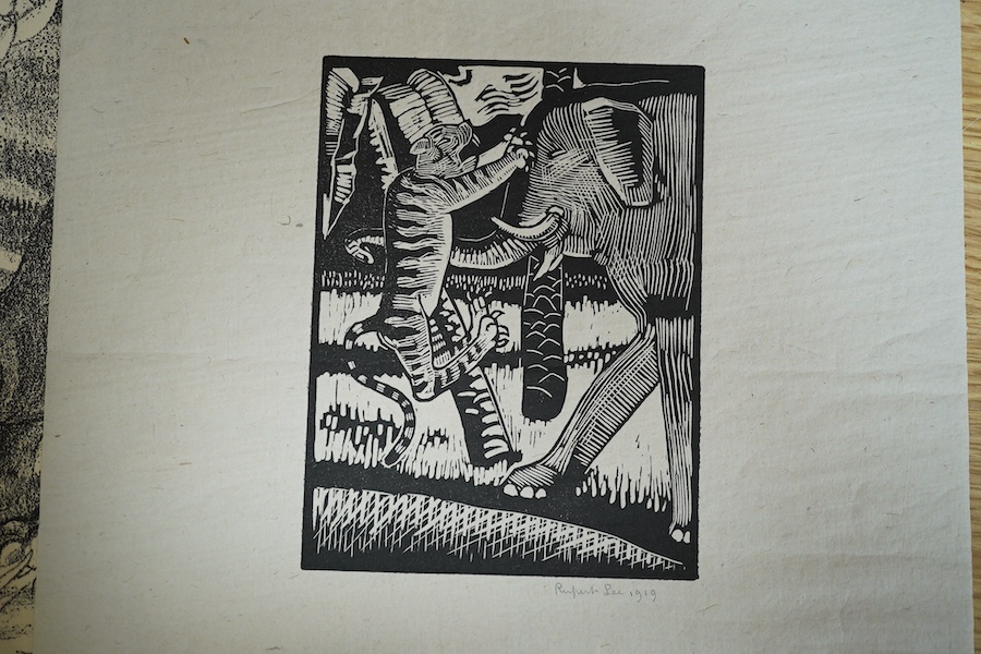 Rupert Lee (1887-1959), three wood engravings and a lithograph; 'The Dwarf', signed and dated 1920, numbered 2.2, sheet 32 x 26cm; 'The Mill', signed and dated 1920, 16 x 11cm; 'Elephant & Tiger', signed and dated 1919,